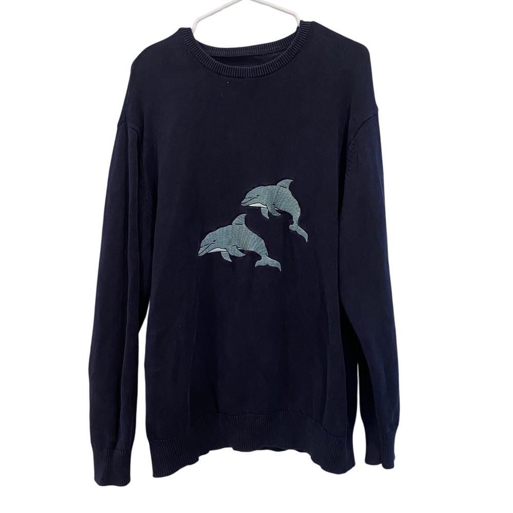 Barney Cools‎ Mens L Navy Blue Cotton Knit Dolphin Embroidered Crewneck Sweater